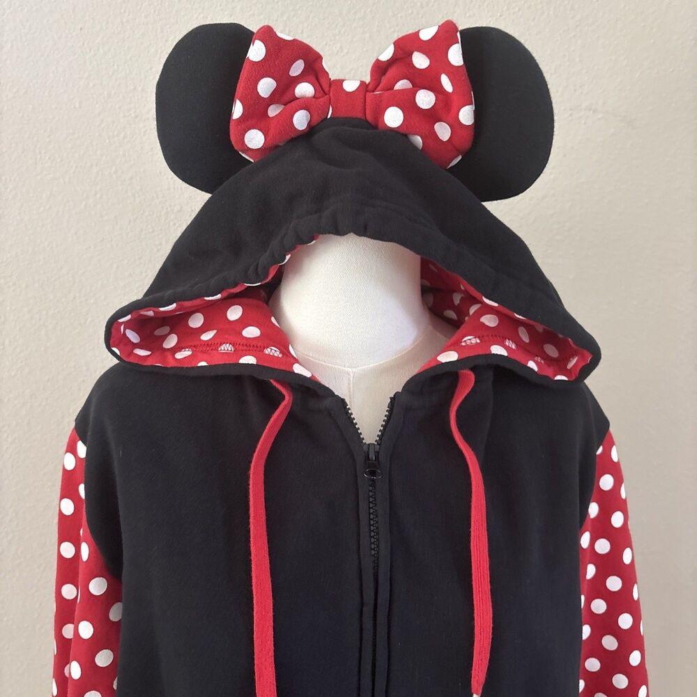 Disney Parks Minnie Mouse Zip Hoodie With Ears Black Red Polka Dot Womens XL